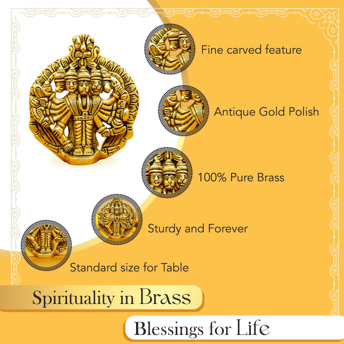 Ekhasa 100% Pure Brass Panchmukhi Hanuman (Size: 10 cm) | Panchmukhi Hanuman Murti for Door Entrance | Panch Mukhi Hanuman Ji fo